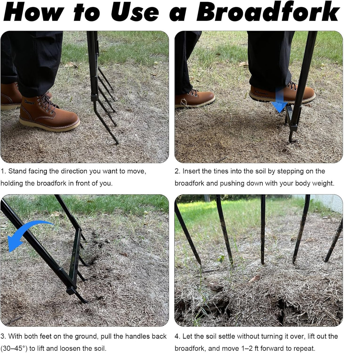 Broadfork Garden Tool Heavy Duty, 5 Tines Broad Fork for Gardening, U-Shaped Garden Fork for Loosening Soil, 20 in. Wide Broadforks for Gardening, 55 in. Heigh