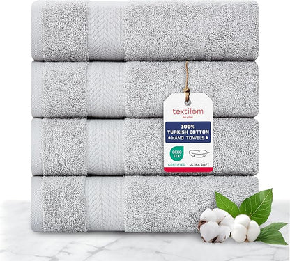 TEXTILOM 100% Turkish Cotton 4 Pcs Hand Towel Set, Luxury Hand Towels for Bathroom, Soft & Absorbent Bathroom Hand Towels Set (16 x 28 inches)- Light Grey