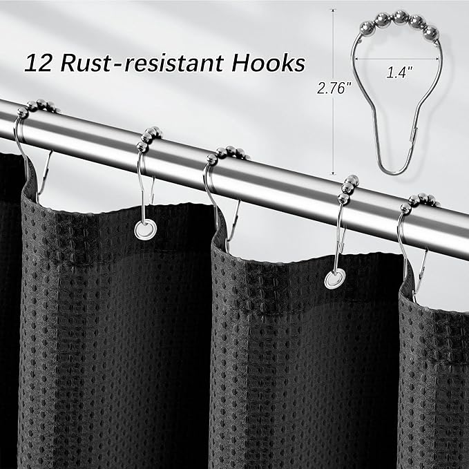 84 inch Long Waffle Textured Fabric Shower Curtains, 256GSM Heavy Duty Weighted Shower Curtains, Hotel Quality Luxury Polyester Bathroom Curtain with 12 Hooks, 72Wx84H