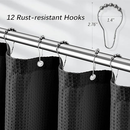 84 inch Long Waffle Textured Fabric Shower Curtains, 256GSM Heavy Duty Weighted Shower Curtains, Hotel Quality Luxury Polyester Bathroom Curtain with 12 Hooks, 72Wx84H