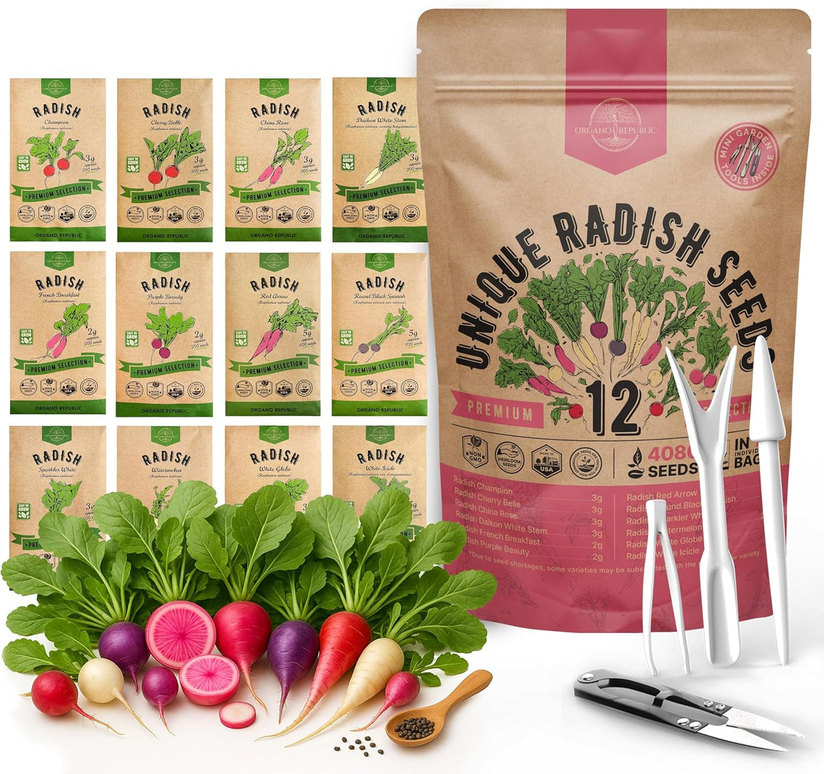 Organo Republic 12 Radish Seeds Variety Pack for Indoor & Outdoors 2400+ Heirloom Non-GMO Radish Garden Seeds: Daikon, Cherry Belle, French, Breakfast, Champion, Purple, Watermelon Radishes Seeds