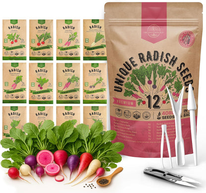Organo Republic 12 Radish Seeds Variety Pack for Indoor & Outdoors 2400+ Heirloom Non-GMO Radish Garden Seeds: Daikon, Cherry Belle, French, Breakfast, Champion, Purple, Watermelon Radishes Seeds