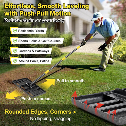 Lawn Leveling Rake, Heavy Duty 17" x 10" Stainless Steel Lawn Leveler for Soil Dirt Leveling Spreading,72" Adjustable Long Handle,Golf Field,Lawn,Tight Spot Landscaping Tool,Ground Leveler for Yard