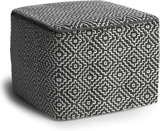 SIMPLIHOME Brody 18" Wide Square Pouf in Distressed Black Vegan Leather | Versatile boho indoor/outdoor footstool, extra seating for living room or bedroom or patio with assembled design, assembled.