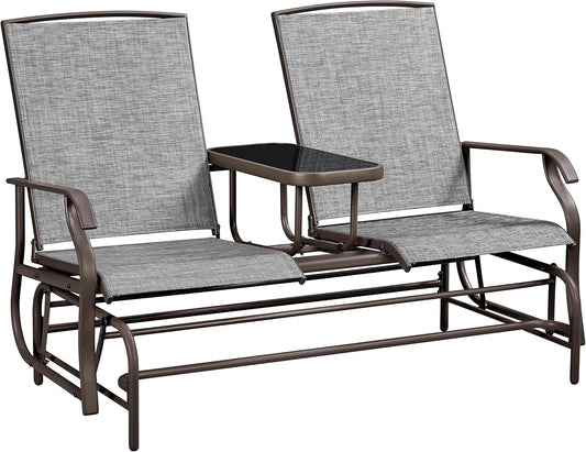 Yaheetech Outdoor Glider Bench Patio Loveseat with Table, Gray | Steel frame, Texteline fabric and tempered glass table provide comfort, easy assembly, and roomy two-person outdoor seating.