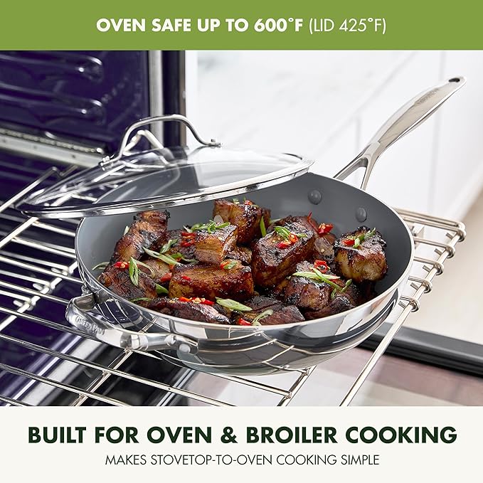 GreenPan Valencia Pro Tri-Ply Stainless Steel 12” Wok with Lid, Healthy Ceramic Nonstick PFAS-Free PFOA- Free Coating, Multi Clad Cookware, Induction, Dishwasher Safe, Oven and Broiler Safe