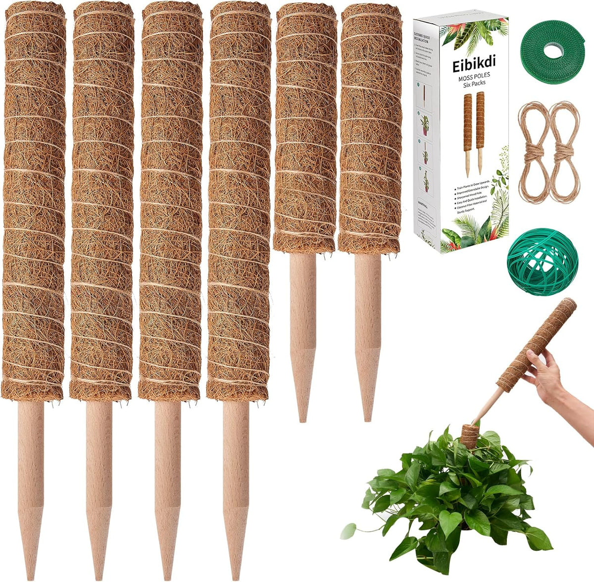 6 Pcs Moss Pole Extending to 68 Inches for Plants Monstera, Plant Support Stakes for Indoor Climbing Plants Grow Upwards, with 65ft Twist Ties, 13ft Jute Rope, 6.5ft Hook-and-Loop Strip