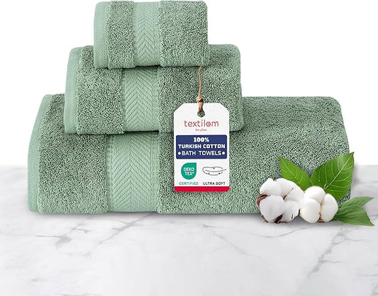 TEXTILOM 100% Turkish Cotton 3 Pcs Bath Towel Set, Luxury Bath Towels for Bathroom, Soft & Absorbent Bathroom Towels Set (1 Bathtowel, 1 Hand Towel, 1 Washcloth)- Green