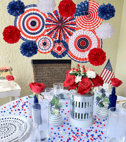 29PCS 4th/Fourth of July Patriotic Decorations Set | 250th Anniversary,Red White Blue Paper Fans,USA Flag Pennant,Star Streamer,Pom Poms,Hanging Swirls,Party Decor Supplies