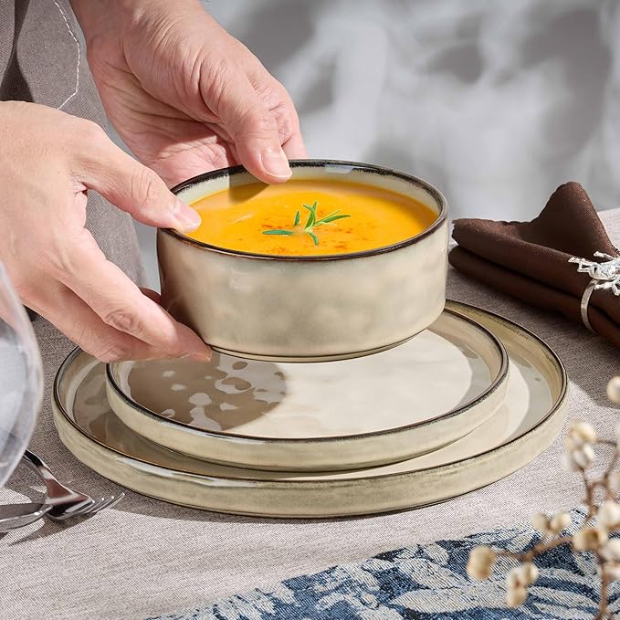 Herogo Plates and Bowls Dinnerware Sets for 8, 24 Pieces Stoneware Dishes Sets, Dinning Dishes for Kitchen, Dishwasher & Microwave Safe, Cream Khaki