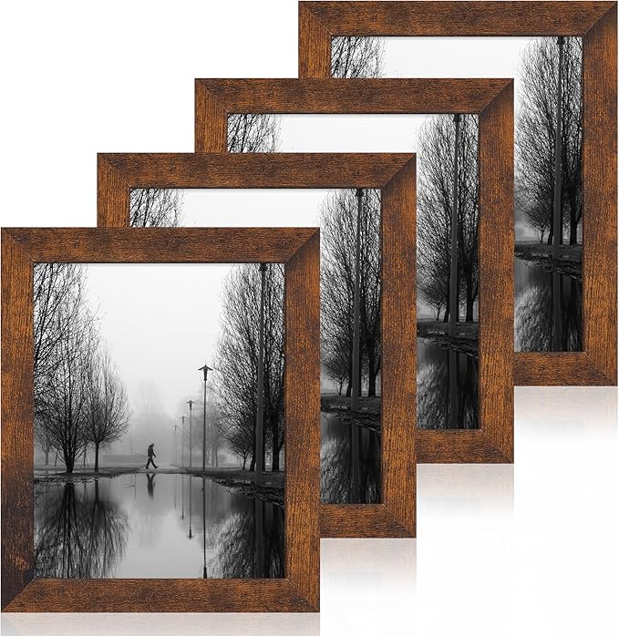 8x10 Picture Frame Set of 4, High Definition Glass 8 x 10 Frame, Wood Rustic Photo Frames for Horizontal or Vertical Display Tabletop and Wall Mounting