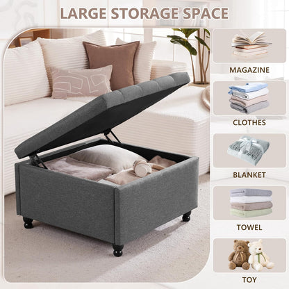 30" Large Square Ottoman with Storage, Fabric Ottoman Coffee Table, Grey | Tufted Upholstered Ottoman for Living Room, Oversized Square Storage Ottoman for Bedroom and Entryway, Solid Wood Frame