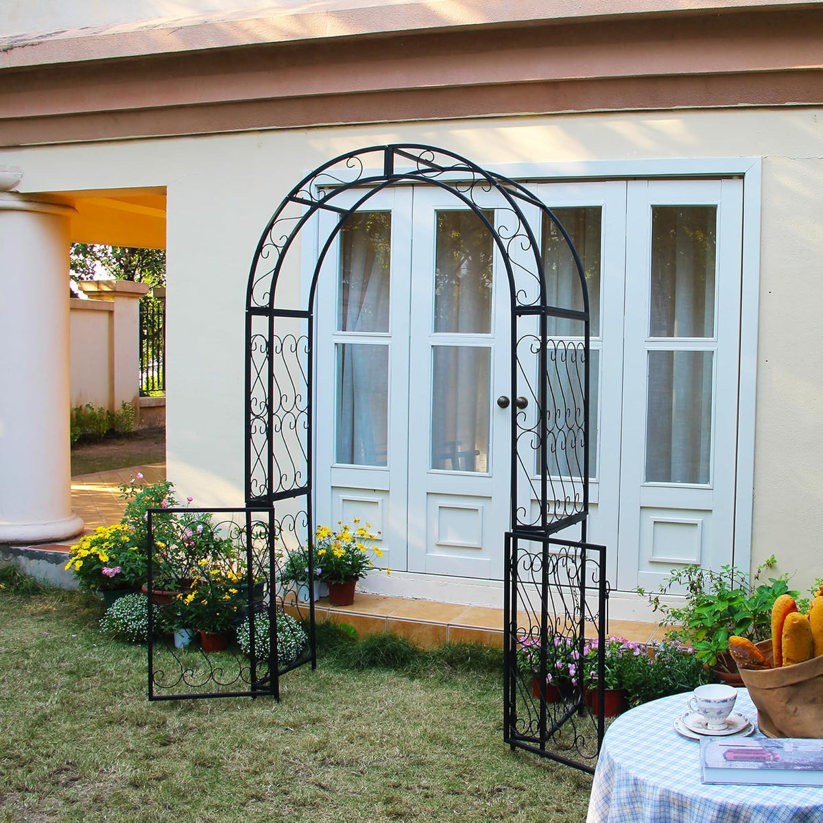 SCENDOR Heavy-Duty Arbor with Gate 48.8" W x 83.5" H, Iron Arch Trellis Arbor Archway for Climbing Plants Roses Vines Support Rack, Outdoor Lawn Backyard Patio Wedding Party Ceremony Decoration