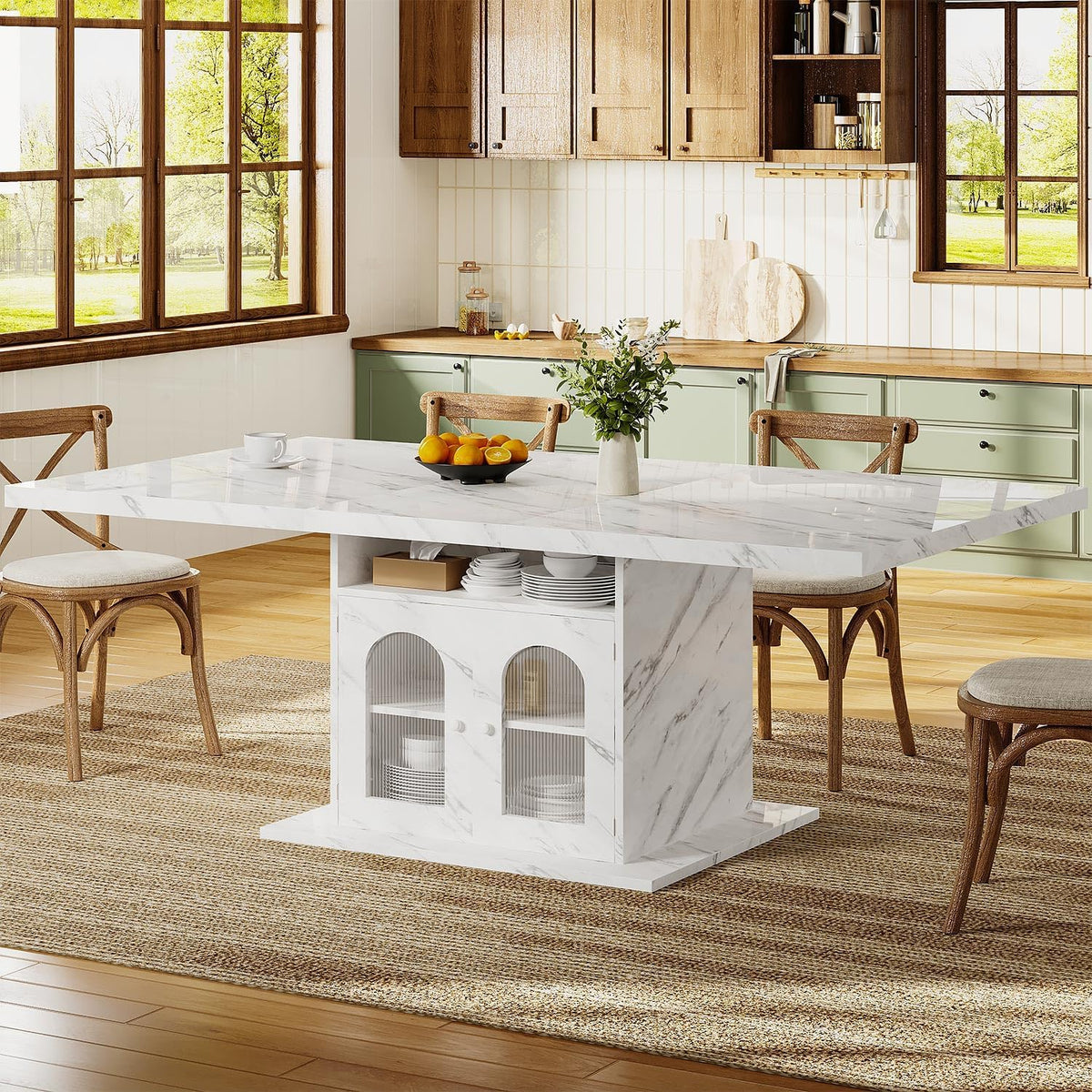 HSH Dining Table for 4–6, 63" Modern Kitchen Dining Room Table with Storage Shelves & Acrylic Door Cabinet,Wood Rectangle Dinner Table with Faux Marble Top for Home Apartment, White Faux Marble