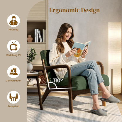 Yaheetech Accent Chair for Living Room, Corduroy Mid Century Modern Reading Armchairs with Lumbar Pillow for Bedroom, Decorative Sofa Chair for Adult Dark Green/Set of 2