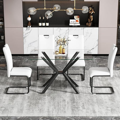 47.24" Rectangular Glass Dining Table Modern Kitchen Glass Top Table for 4 with Black Metal Legs, Clear Dining Table Kitchen Table for Home Office Dining Room