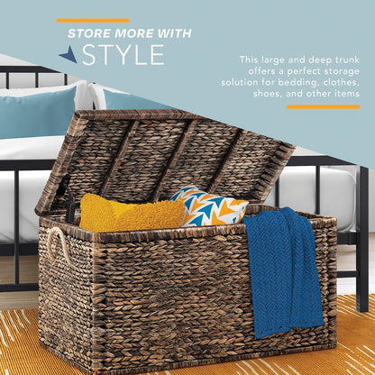 Click365 Wicker Storage Trunk with Lid, 33 Inch Extra Large Woven Storage Chest with Handles and Safety Hinges, Farmhouse Blanket Basket for Bedroom, Living Room or Entryway, Rustic Brown