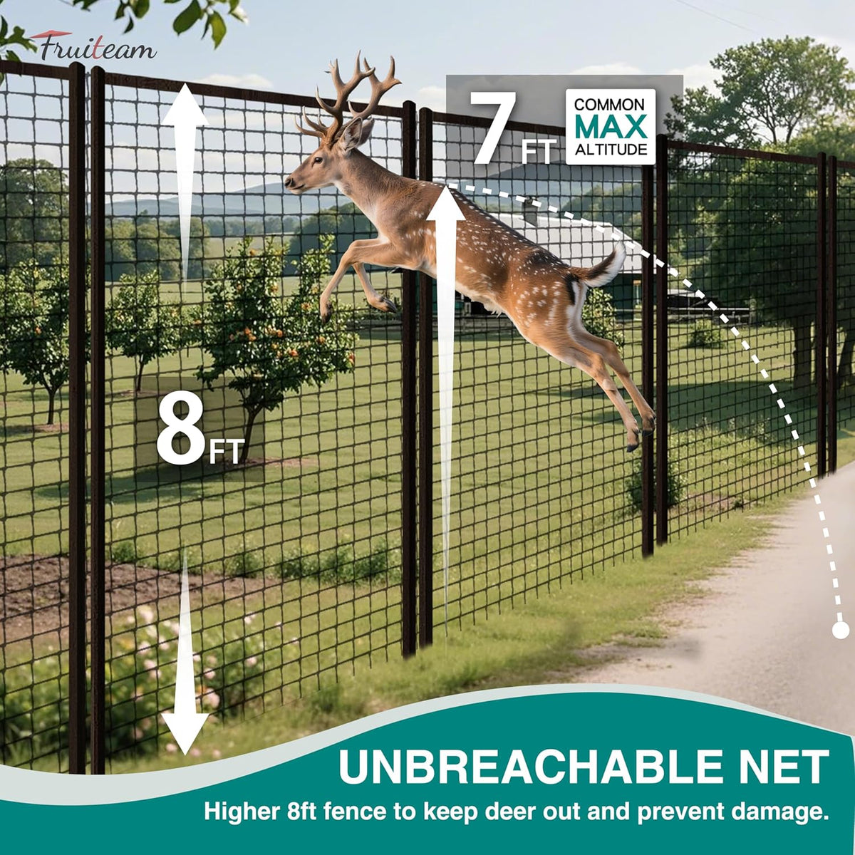 FRUITEAM Deer Fence Netting, 8FT x 100FT Heavy Duty Black PP Coated, Garden Protection Barrier, 0.7"x0.7" 70gr/sqm Mesh, Long-Lasting Yard Garden Fencing Roll