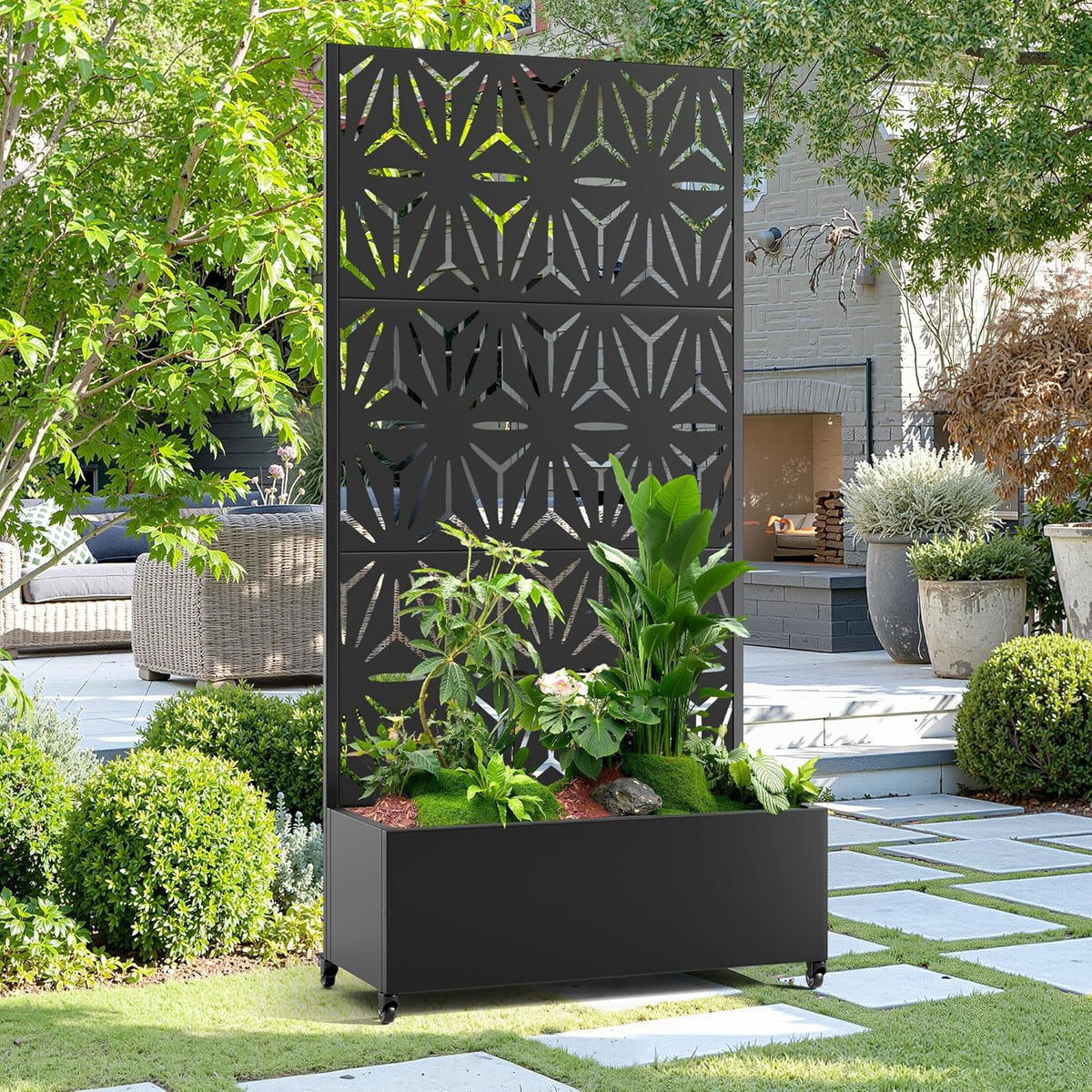 15.7"×70.9"×35.4" Metal Raised Garden Bed with Trellis and Wheels - Tall Trellis Planter Box for Climbing Plants, Vegetables & Vines - Outdoor Privacy Planters for Patio (Black-Star)