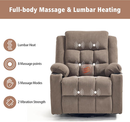 Ketaiyou Rocker Swivel Recliner Chair for Adults, Overstuffed Manual Recliner Glider with Massage and Heat, Comfy Soft Fabric Living Room Reclining Sofa Chair (Coffee2)