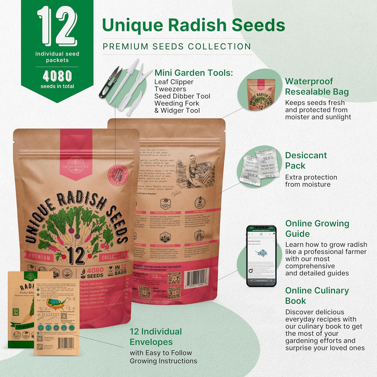 Organo Republic 12 Radish Seeds Variety Pack for Indoor & Outdoors 2400+ Heirloom Non-GMO Radish Garden Seeds: Daikon, Cherry Belle, French, Breakfast, Champion, Purple, Watermelon Radishes Seeds
