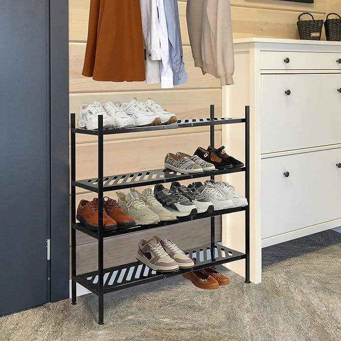 Shoe Rack, 4-Tier FreeStanding Shoe Shelf Stand, Stackable Shoe Storage Organizer for Closet, Holds up to 20-24 Pairs of Shoes for Entryway, Garage, Front Door Entrance, Metal, Black