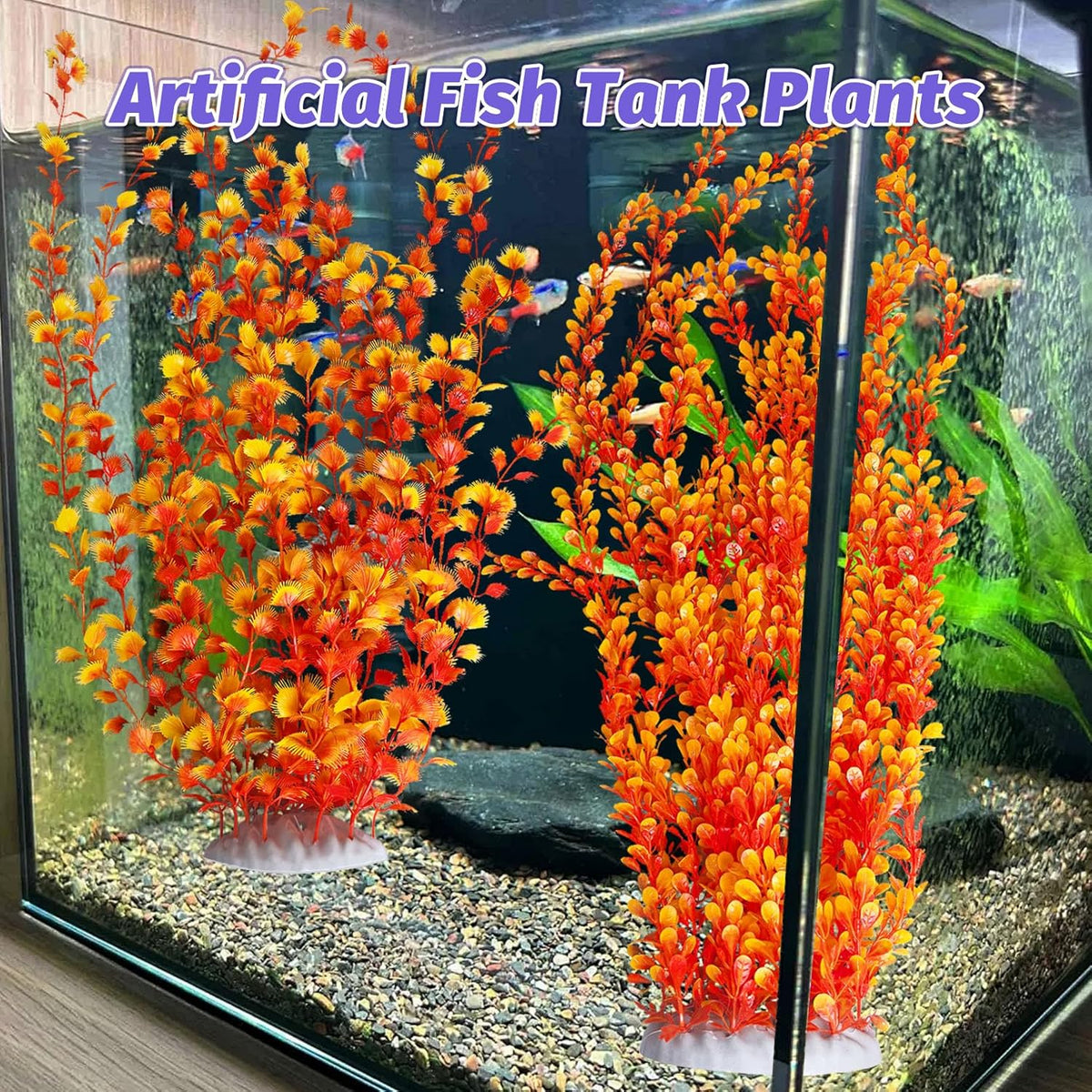 Hamiledyi Aquarium Plastic Plants Aquarium Decor Artificial Fish Tank Plants,Tall Fish Tank Decorations, Extra Large Aquarium Plant 23.6-inch Tall,2PCS（Orange Style B）