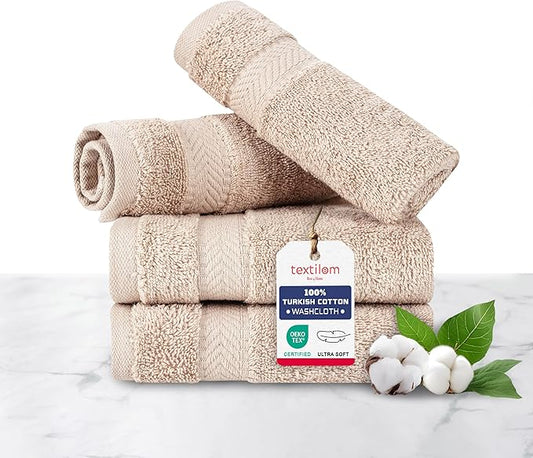 TEXTILOM 100% Turkish Cotton 4 Piece Luxury Washcloth Towel Set for Bathroom & Kitchen, Thick & Super Soft & Highly Absorbent & Quick Dry for Face and Hand- Beige