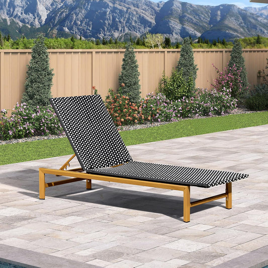 PURPLE LEAF 1 Piece French Patio Chaise Lounge Rattan Teak Frame, Black | Weatherproof Handwoven Wicker, Aluminum Frame, 5 Adjustable Positions, Non-Slip Pads, 440 lbs Capacity, For Poolside, Garden