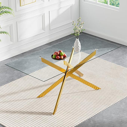 60" Rectangular Glass Dining Table Modern Kitchen Glass Top Table for 6 with Gold Metal Legs, Clear Dining Table Kitchen Table for Home Office Dining Room