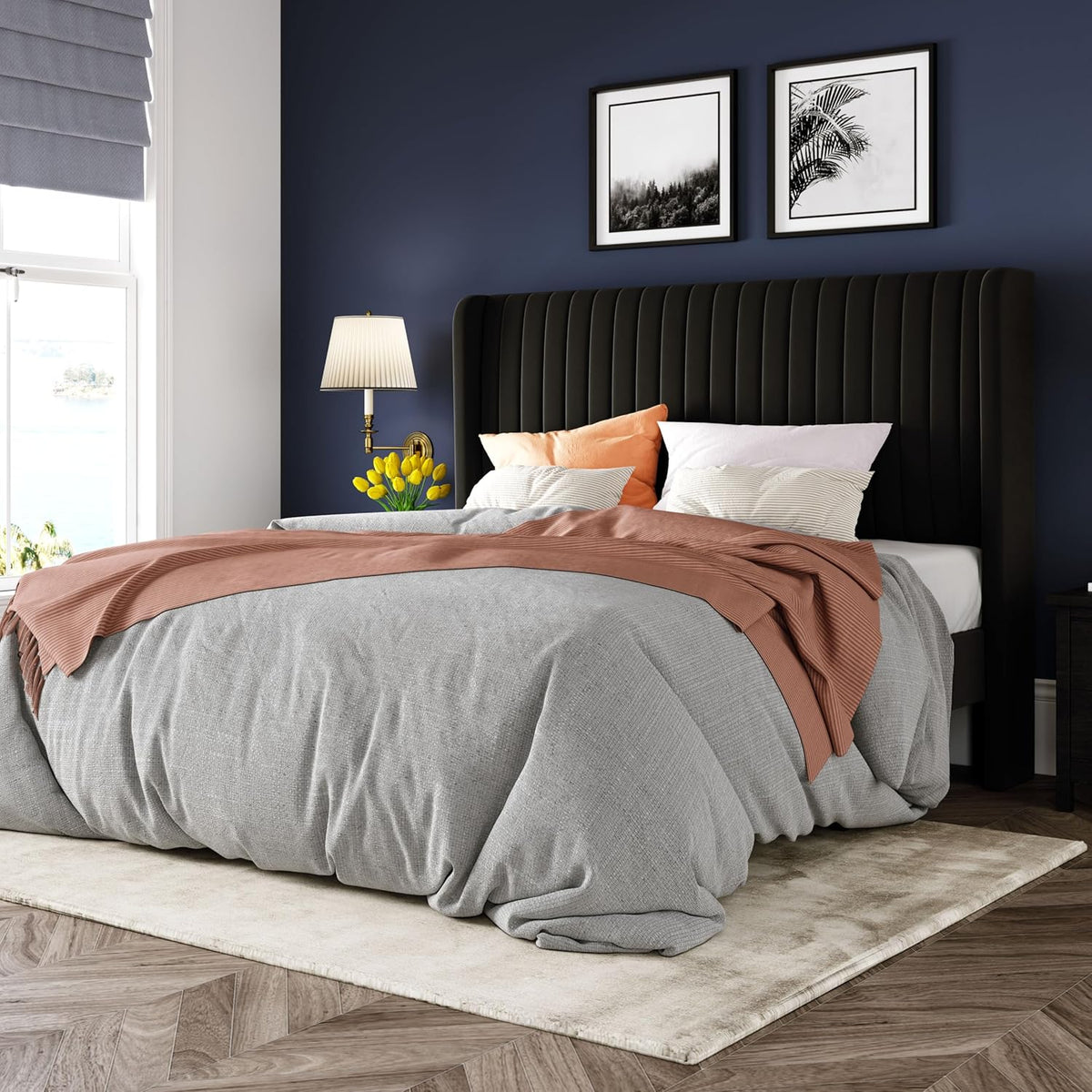 Allewie Queen Size Velvet Bed Frame/Vertical Channel Tufted Wingback Headboard/Upholstered Platform Bed/Strong Wooden Slats/No Box Spring Needed/Easy Assembly/Black