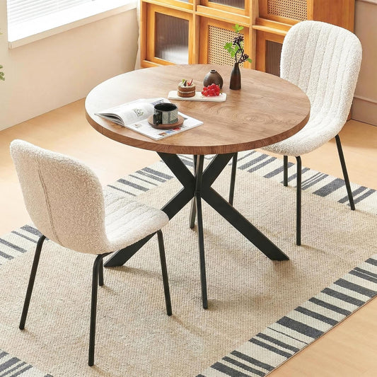 37 Inch Round Dining Table Set for 2, Modern Small Circle Kitchen Coffee Set for Apartment Living Room Office, Save Space(1 Wooden Table + 2 White Boucle Chairs)
