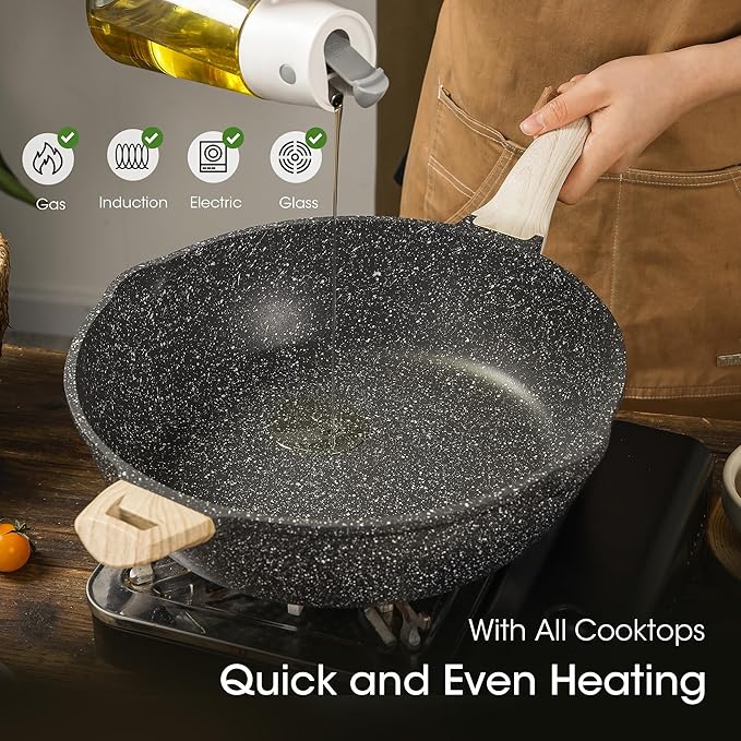 CAROTE 12.5 Inch Nonstick Deep Frying Pan with Lid, 6.5 Qt Jumbo Cooker Saute Pan with Pour Spout, Skillet Induction Cookware, Non Stick Cooking Pan PFOA Free, Classic Granite