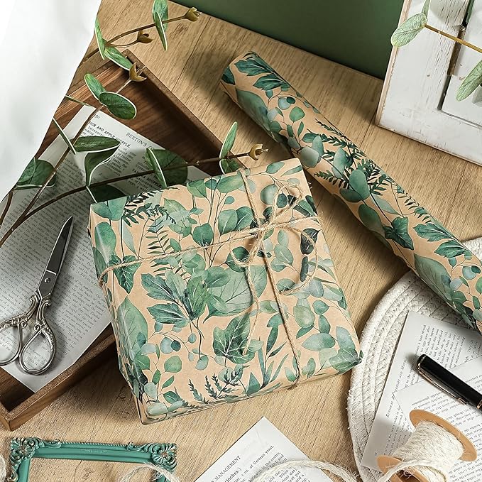 WRAPAHOLIC Kraft Eucalyptus Leaves Wrapping Paper Roll - Mini Roll - 17 Inch x 16.5 Feet - Greenery Wrapping Paper Perfect for Birthday, Wedding, Bridal Shower