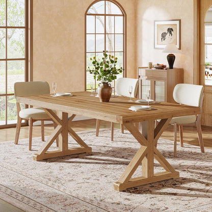 Solid Wood Dining Table for 4-6, 63-Inch Farmhouse Kitchen Table with Sturdy Legs, Wooden Rectangular Dinner Furniture for Kitchen, Dining Room, Light Brown