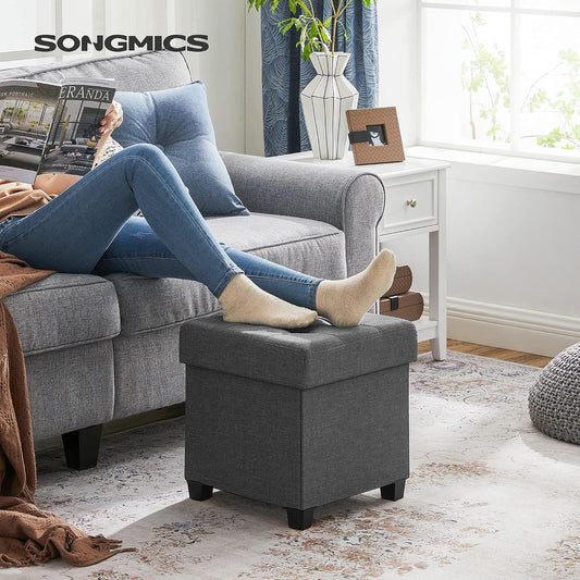 SONGMICS Storage Ottoman, Small Foot Rest, 15 x 15 x 15.7 Inches | Foot Stool with Legs, Load up to 661.4 lb, for Living Room, Bedroom, Dorm, Gray and Black, MELISA Collection ULSF014G01