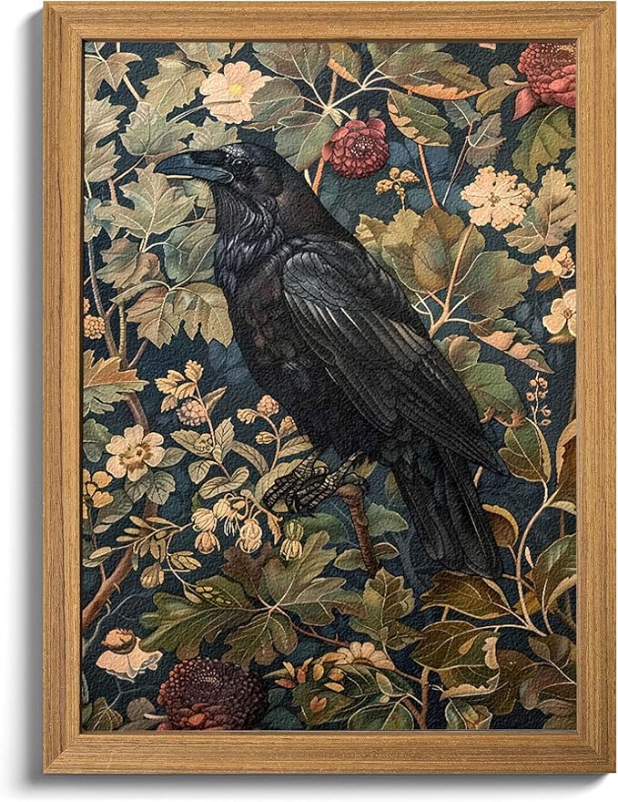 Framed 3D Textured Vintage Wall Art - Dark Academia Decor Hand Drawn Sandstone Black Crow Paintings with Botanical Florals, Aesthetic Wall Decor for Living Room Bedroom Home 8x10 inch