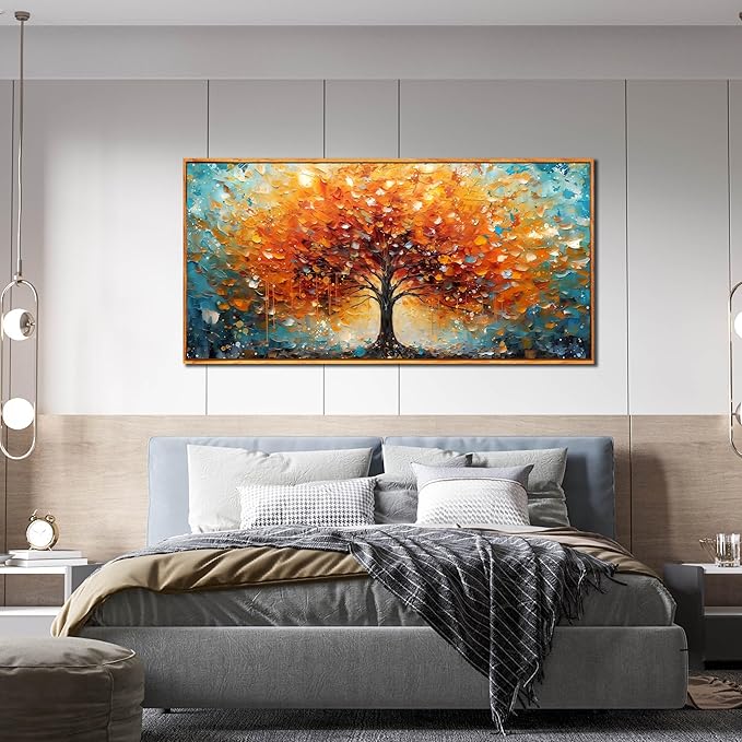 Framed Canvas Wall Art for Living Room Bedroom Office Large Tree of Life Wall Art Orange Tree Picture Modern Canvas Prints Decor Size 29x59