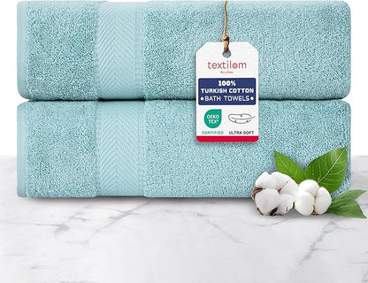 TEXTILOM 100% Turkish Cotton 2 Pcs Bath Towel Set, Luxury Bath Towels for Bathroom, Soft & Absorbent Hotel Quality Bathroom Towels Set (27 x 54 inches)- Aqua