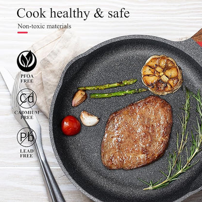 Vinchef Nonstick Frying Pan Anti Scratch,11 Inch Skillet Cast Aluminum Cookware with Wooden Stay Cool Handle, Induction Compatible