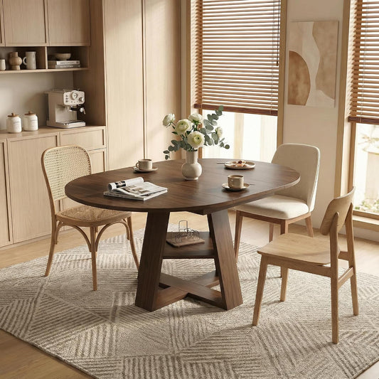 43.3-59" Extendable Round Dining Table, Modern Oval Kitchen Table with Removable Leaves, Wooden Base with Storage Shelf, Space Saving Dining Table for Kitchen Living Room Apartment Small Space, Walnut