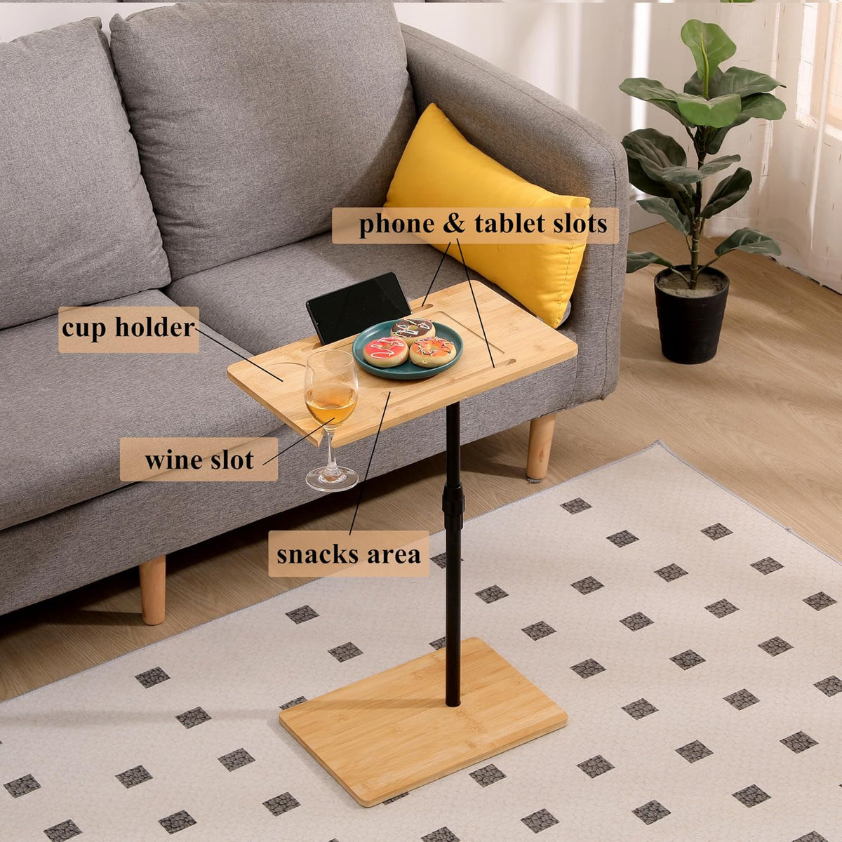 Bamboo Couch Tray Table Height Adjustable C-Shaped End Table with Slots 2 Tier Sofa Side Table for Living Room & Bedroom (Rectangle + Rectangle) (Natural + Metal + Modern)