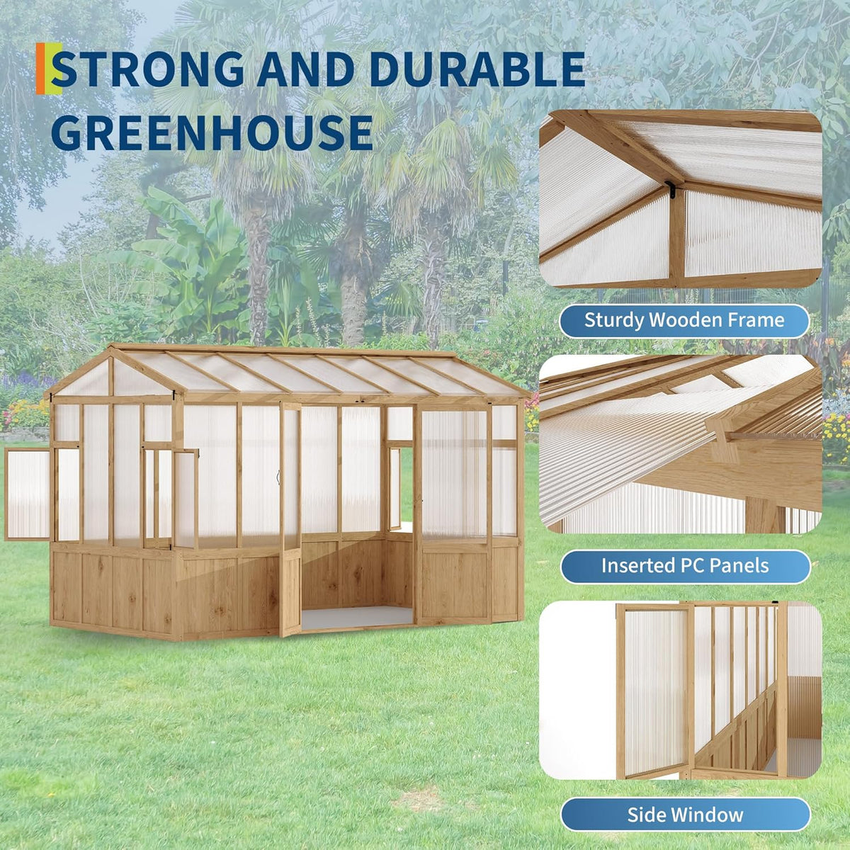 8x12 ft Wooden Greenhouse for Outdoor - Heavy Duty Walk-in Green House Kit with 6 mm Polycarbonate,Ventilated Window & Lockable Door for Backyard,Patio,Lawn