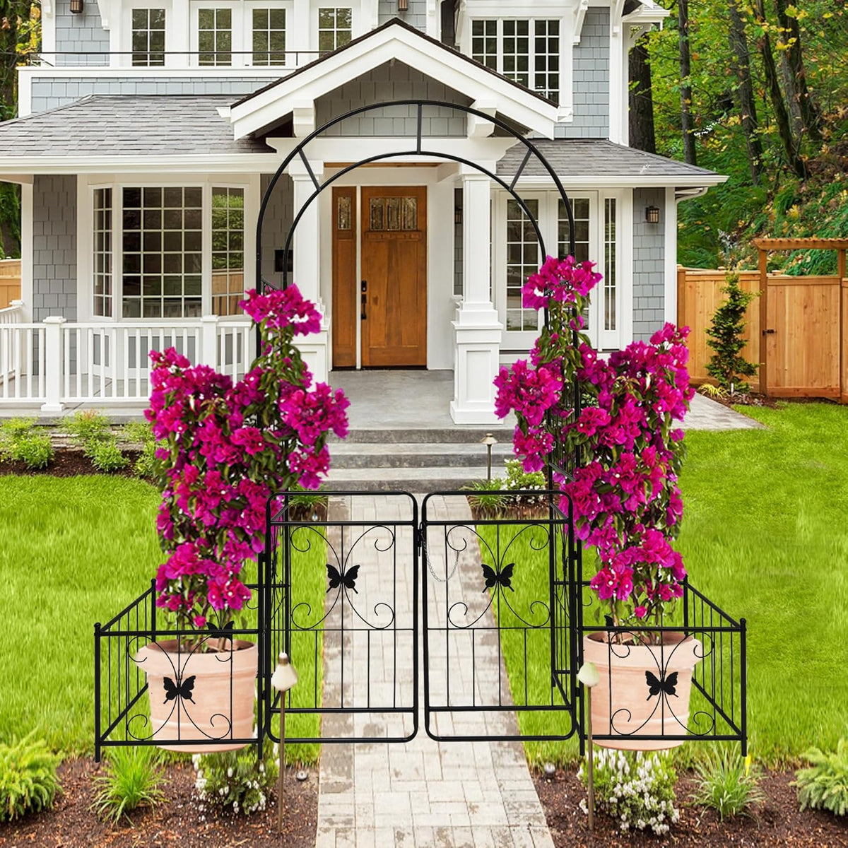 Metal Garden Arbor Arch with Gate and Plant Box, 86.6" H Garden Trellis for Outdoor Climbing Plants Garden Butterfly Decoration Support Roses Vines (Black Butterfly)