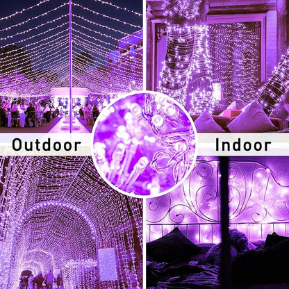 JMEXSUSS 91.5ft 250 LED Purple String Lights Indoor, Connectable 8 Modes Purple Christmas Lights Outdoor Waterproof, Plug-in Clear Wire Fairy String Light for Christmas Bedroom Party Tree Decorations