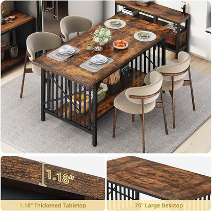 DWVO 70.8" Large Kitchen Dining Table for 6-8 People, Farmhouse Industrial Kitchen Table with Storage, Rectangle Apartment Dinning Room Dinette Tables for Eating Dinner, Rustic Brown