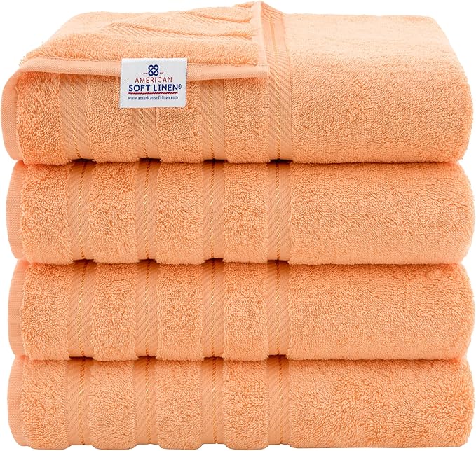 American Soft Linen Luxury 4 Piece Bath Towel Set, 600 GSM 100% Cotton Turkish Bath Towels for Bathroom, 27x54 in Extra Large Bathroom Shower Towels, Malibu Peach