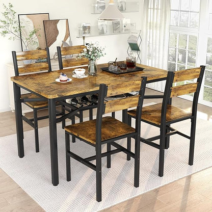 Hooseng Dining Table Set for 4, Wood Kitchen Table Chairs Set with Storage, Farmhouse 5 Piece Dining Room Table Set, Space-Saving Dinette Set for Breakfast Nook, Apartment