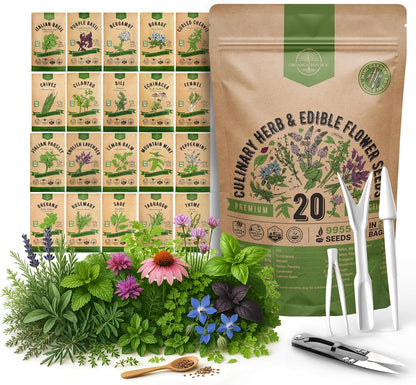 20 Culinary Herbs & Edible Flower Seed Variety Pack for Planting Indoor & Outdoors. 9500+ Non-GMO Heirloom Flower Seeds: Basil, Borage, Echinacea, Lavender, Oregano, Rosemary Seeds & More