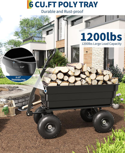 GarveeLife Poly Dump Cart - Heavy Duty 1200lbs Garden Cart with Quick-Release Dumping 13" Tires, Utility Wagon for Yard Work, Landscaping, Gardening
